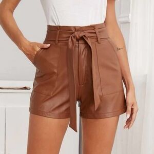 Brown Faux Leather Belted Shorts Size L